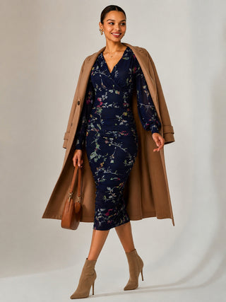 Mesh Long Sleeve Ruched Bodycon Dress, Navy Red Floral