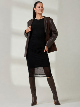 Mesh Shoulder Pad Bodycon Midi Dress, Black