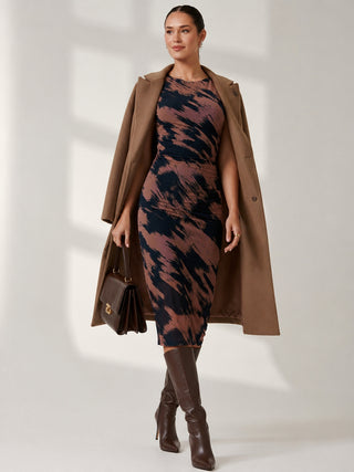 Mesh Shoulder Pad Bodycon Midi Dress, Brown Abstract