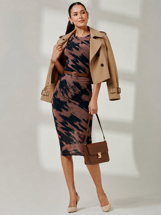 Mesh Shoulder Pad Bodycon Midi Dress, Brown Abstract