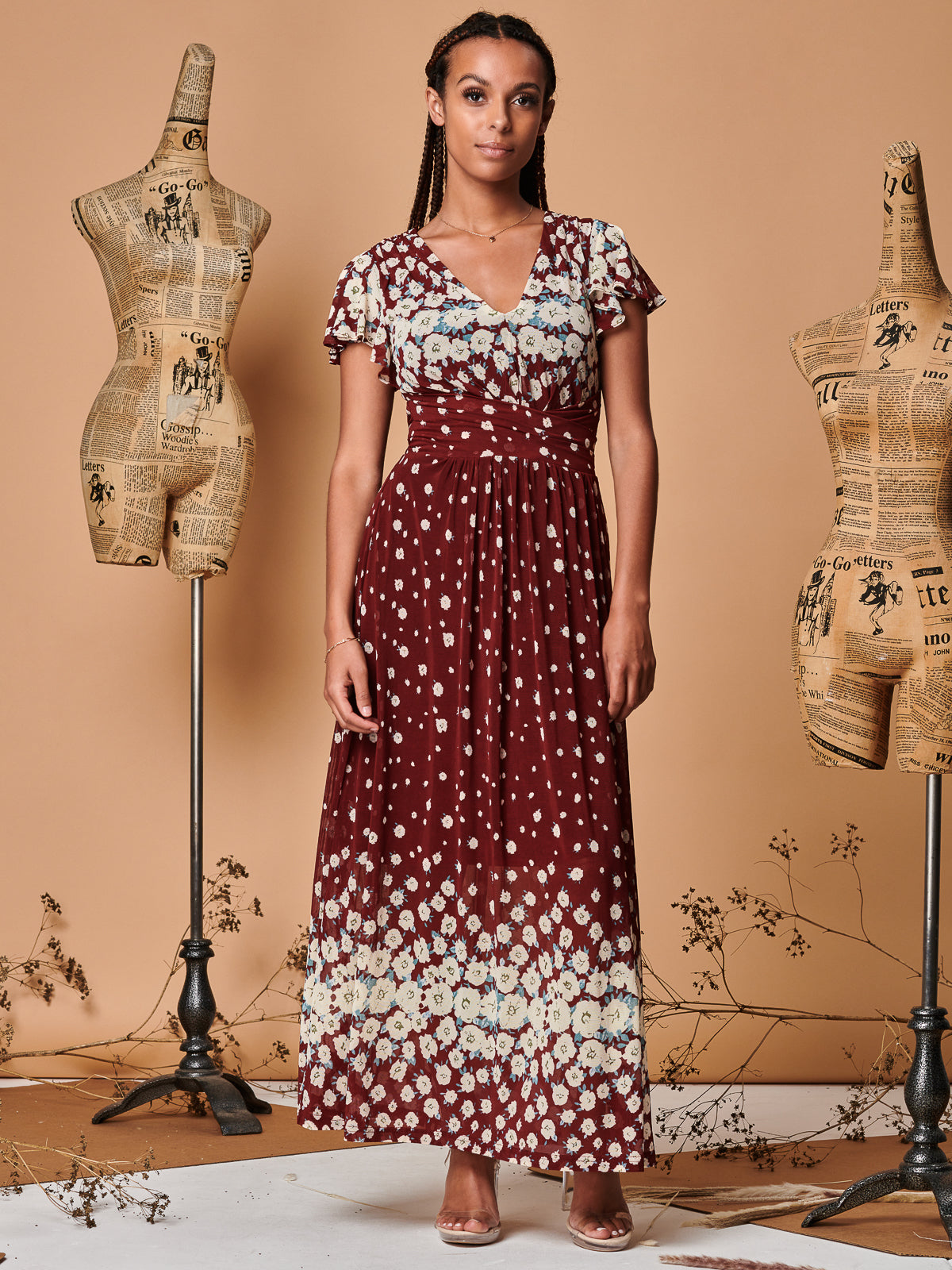 Carlii Symmetrical Print Mesh Maxi Dress, Burgundy Multi