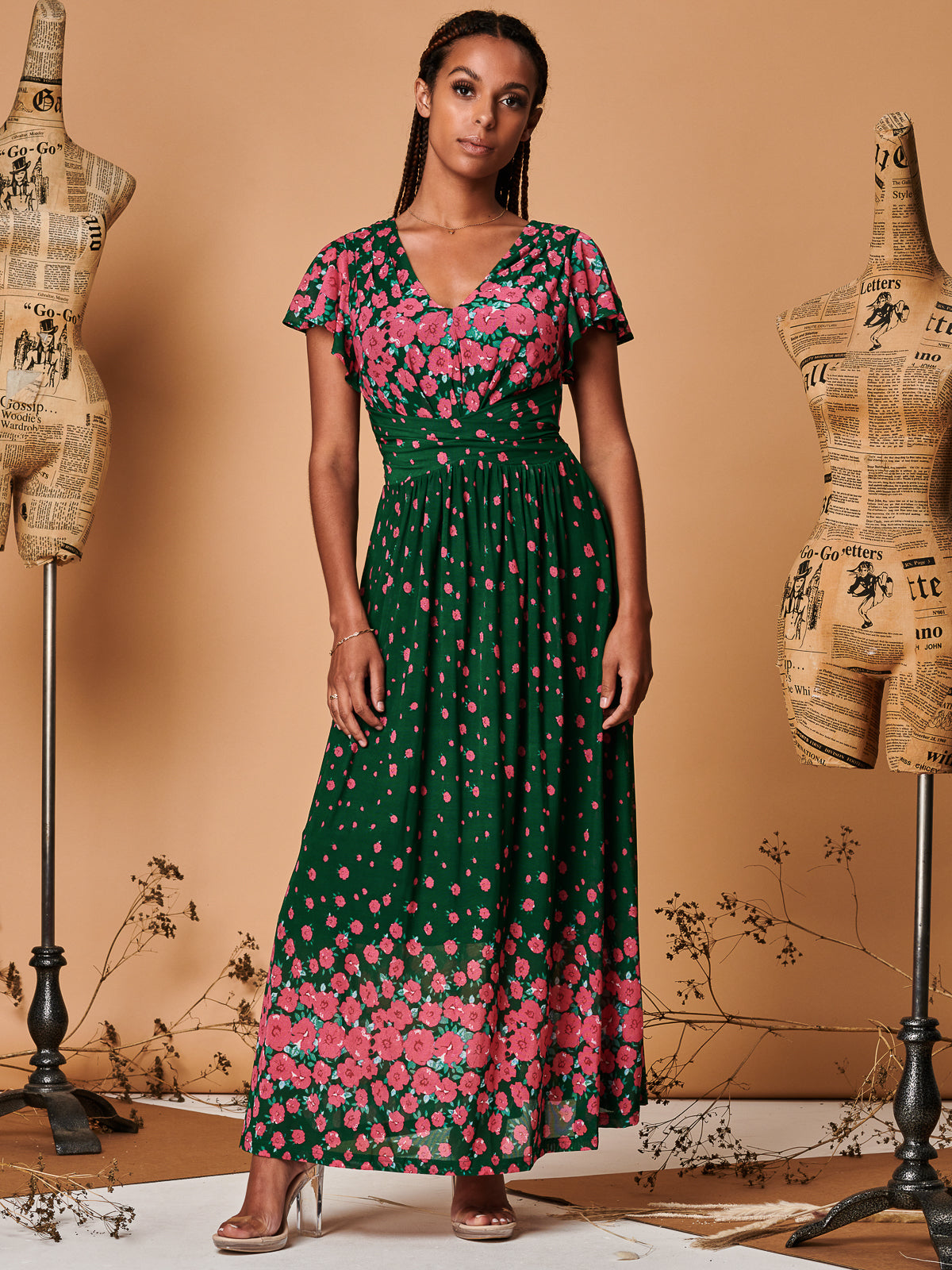 Carlii Symmetrical Print Mesh Maxi Dress, Green Floral