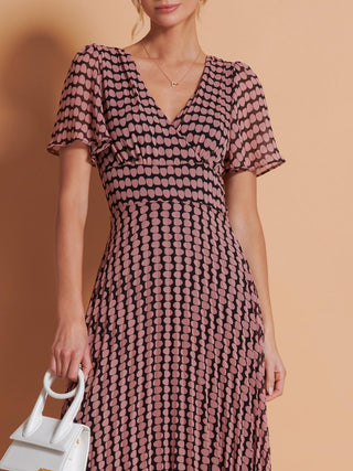 Angel Sleeve Pleated Chiffon Maxi Dress, Pink Geo