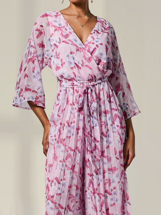Flared Printed Chiffon Jumpsuit, Pink Floral