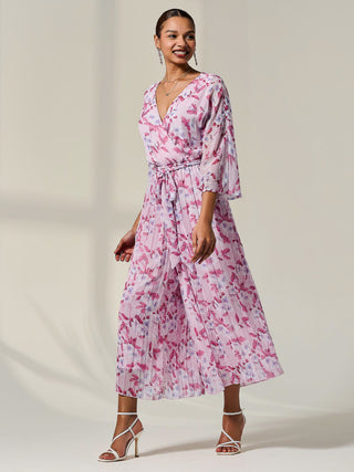 Flared Printed Chiffon Jumpsuit, Pink Floral