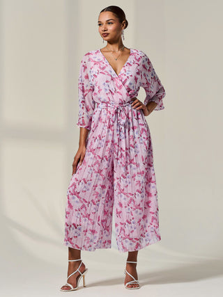 Flared Printed Chiffon Jumpsuit, Pink Floral