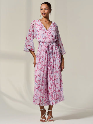 Flared Printed Chiffon Jumpsuit, Pink Floral