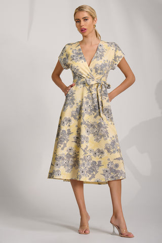 Kimono Sleeve Print Scuba Midi Dress, Yellow Floral