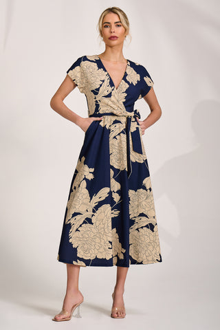 Kimono Sleeve Print Scuba Midaxi Dress, Navy Floral