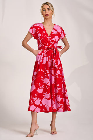 Kimono Sleeve Print Scuba Midaxi Dress, Red Floral