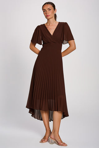 Chiffon Pleated Maxi Dress, Brown