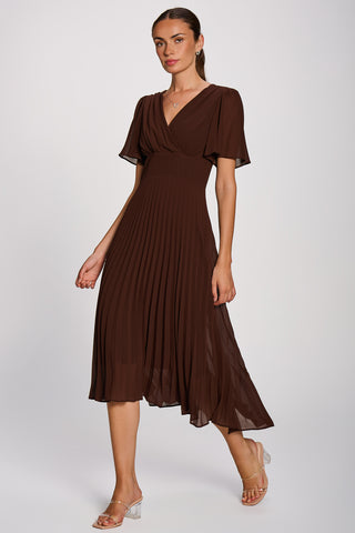 Chiffon Pleated Maxi Dress, Brown