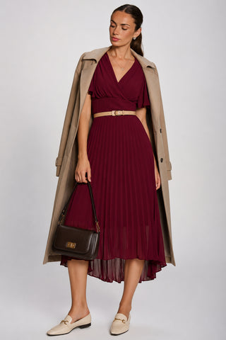 Chiffon Pleated Maxi Dress, Burgundy