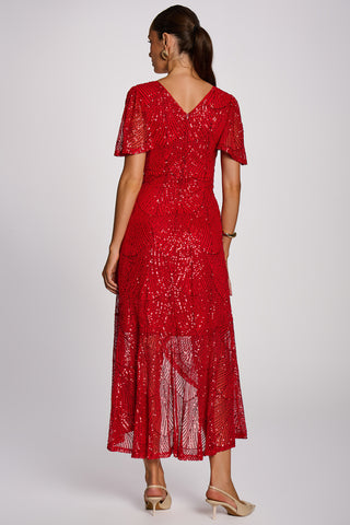 Sequin Angel Sleeve Flare Hem Maxi Dress, Scarlet Red