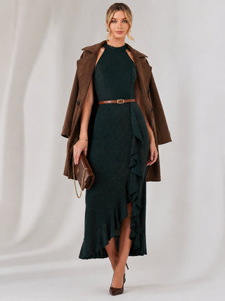 Halter Neck Frill Jersey Maxi Dress, Dark Green