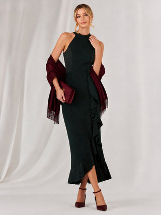 Halter Neck Frill Jersey Maxi Dress, Dark Green