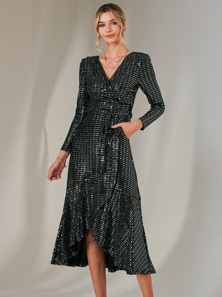 Long Sleeve Metallic Spot Maxi Dress, Black Green