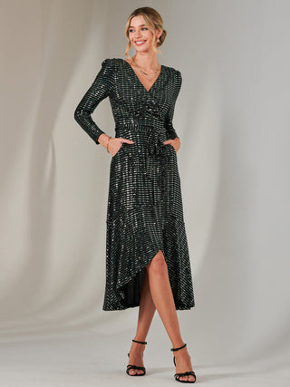 Long Sleeve Metallic Spot Maxi Dress, Black Green