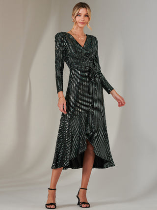 Long Sleeve Metallic Spot Maxi Dress, Black Green