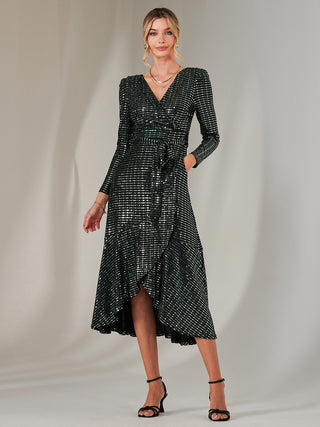 Long Sleeve Metallic Spot Maxi Dress, Black Green