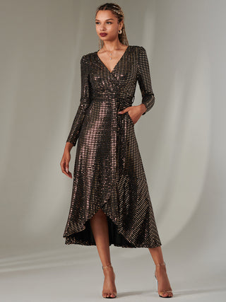 Long Sleeve Metallic Spot Maxi Dress, Black Rose Gold