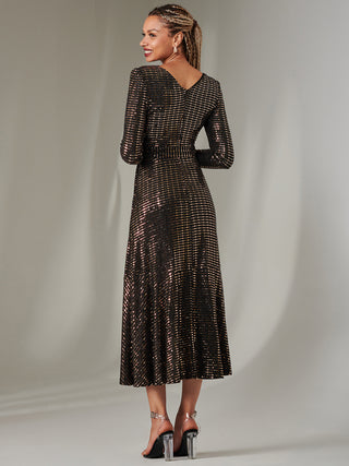 Long Sleeve Metallic Spot Maxi Dress, Black Rose Gold