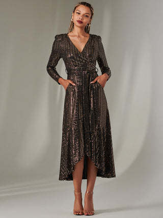 Long Sleeve Metallic Spot Maxi Dress, Black Rose Gold