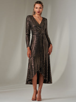 Long Sleeve Metallic Spot Maxi Dress, Black Rose Gold