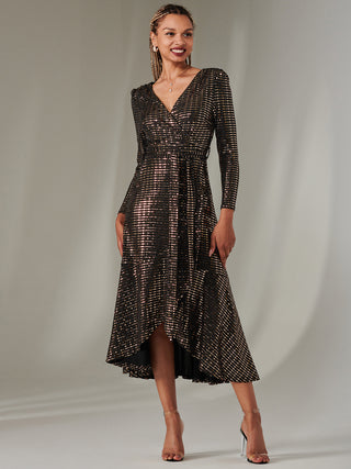 Long Sleeve Metallic Spot Maxi Dress, Black Rose Gold