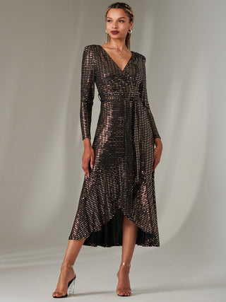 Long Sleeve Metallic Spot Maxi Dress, Black Rose Gold