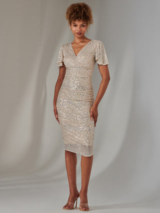 Flare Sleeve Ruched Sequin Dress, Beige Silver