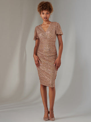 Flare Sleeve Ruched Sequin Dress, Bronze