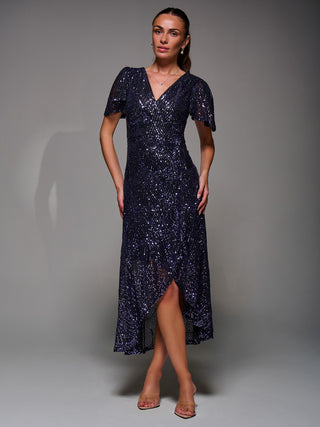 Sequin Angel Sleeve Ruffle Hem Maxi Dress, Black Purple