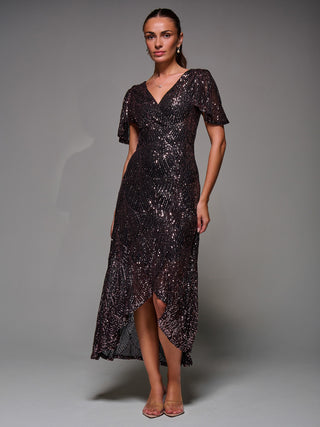 Sequin Angel Sleeve Ruffle Hem Maxi Dress, Black Rose Gold