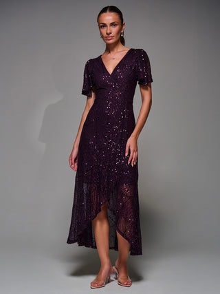 Sequin Angel Sleeve Ruffle Hem Maxi Dress, Dark Burgundy