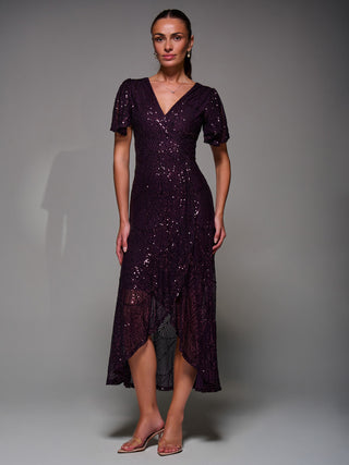 Sequin Angel Sleeve Ruffle Hem Maxi Dress, Dark Burgundy