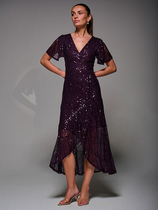 Sequin Angel Sleeve Ruffle Hem Maxi Dress, Dark Burgundy