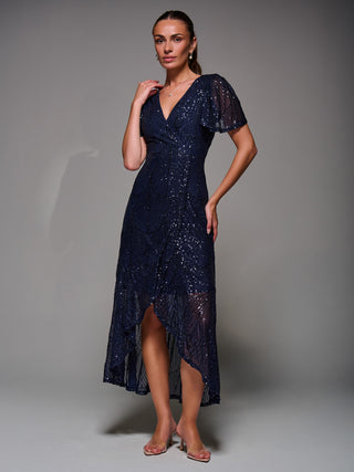 Sequin Angel Sleeve Ruffle Hem Maxi Dress, Navy