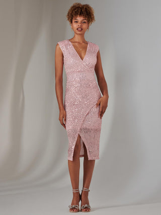 Deja Sequin Midi Dress With Slit, Light Pink