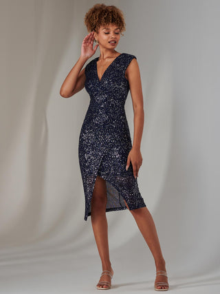 Deja Sequin Midi Dress With Slit, Navy Silver