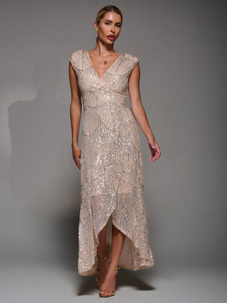 Sequin Asymmetric Ruffle Hem Maxi Dress, Beige Silver