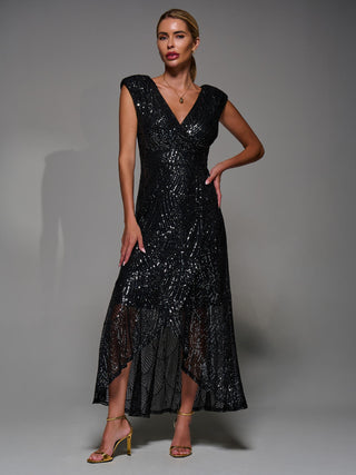 Sequin Asymmetric Ruffle Hem Maxi Dress, Black Nickel