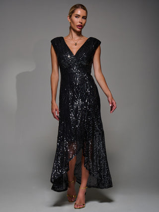 Sequin Asymmetric Ruffle Hem Maxi Dress, Black Nickel