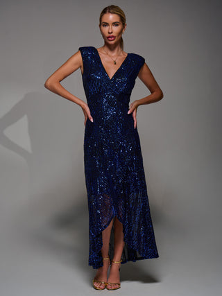 Sequin Asymmetric Ruffle Hem Maxi Dress, Black Royal Blue