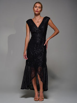 Sequin Asymmetric Ruffle Hem Maxi Dress, Black