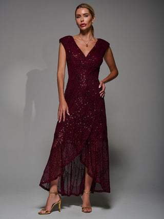 Sequin Asymmetric Ruffle Hem Maxi Dress, Dark Red