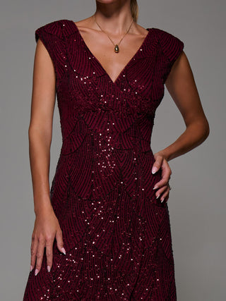 Sequin Asymmetric Ruffle Hem Maxi Dress, Dark Red