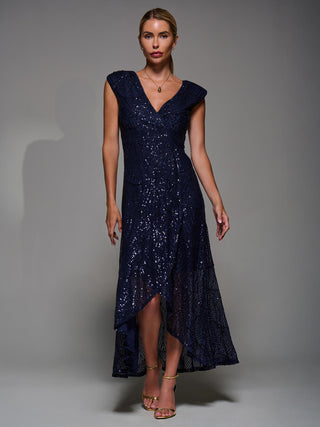 Sequin Asymmetric Ruffle Hem Maxi Dress, Navy