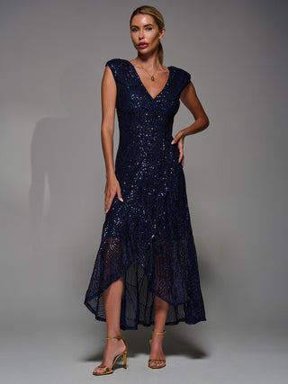Sequin Asymmetric Ruffle Hem Maxi Dress, Navy