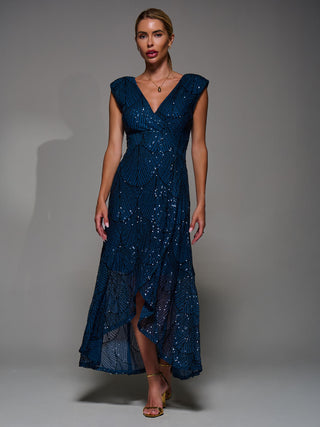 Sequin Asymmetric Ruffle Hem Maxi Dress, Teal